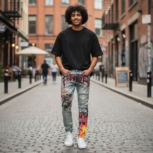 Mens Jeans GFTD LA Size 30 Skinny Rhinestone Hellhound Print Graffiti Distressed